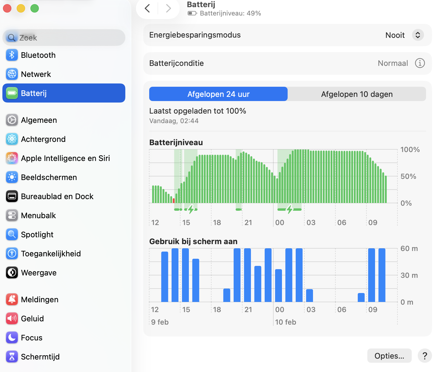 Om de Wi-Fi-instellingen in combinatie met de batterij-instellingen te resetten ga je naar het Apple-menu > Systeeminstellingen > Batterij en schakel je de energiebesparingsmodus uit door Nooit te kiezen