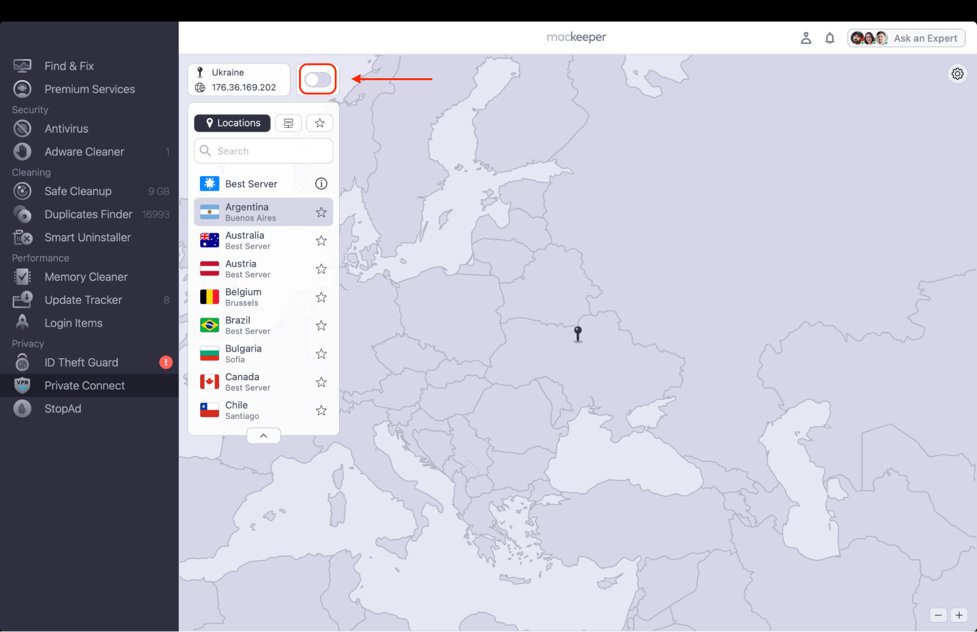 Open the MacKeeper app, navigate to the Private Connect section in the left sidebar, and toggle the switch on to start encrypting your connection.
