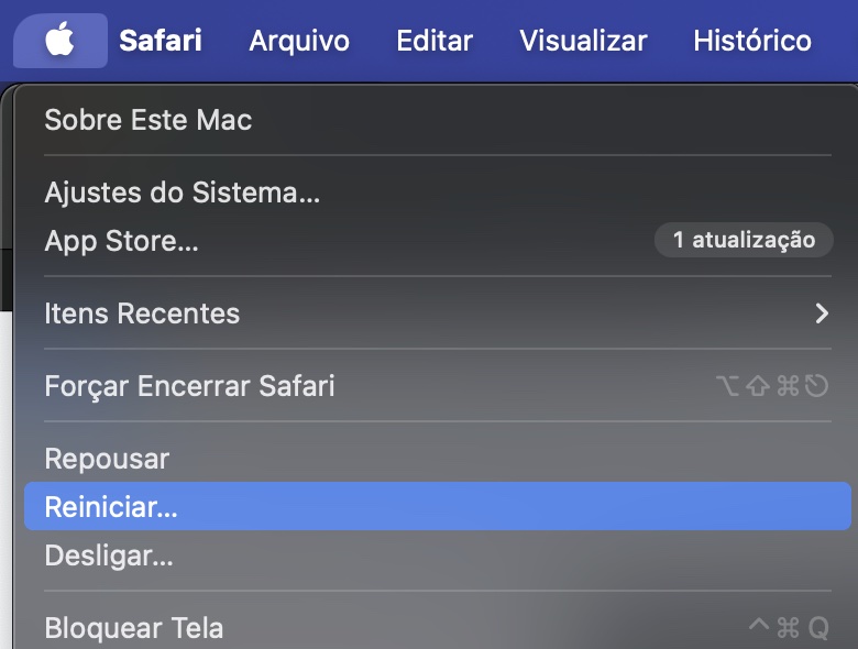 O menu Apple no Mac mostra todas as opções do sistema. Clique em Reiniciar para reiniciar seu computador.