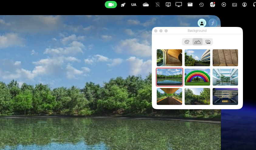 After clicking the FaceTime icon in your menu bar and selecting ‘Background’, you can choose an image to show behind yourself in FaceTime calls.