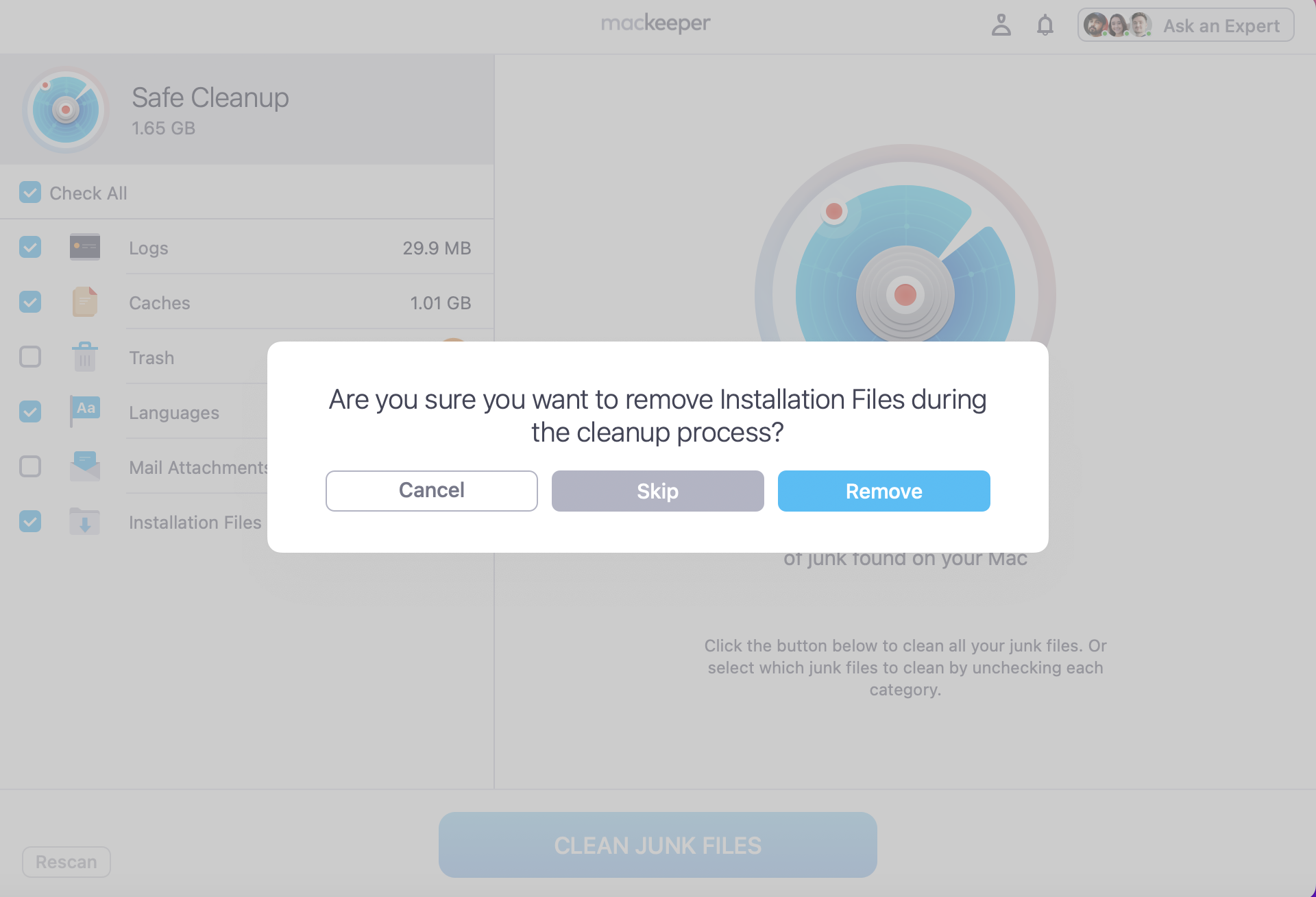 Tick everything you want MacKeeper's Safe Cleanup to remove, and then press Clean Junk Files. You’ll then need to press Remove to finalise the process.