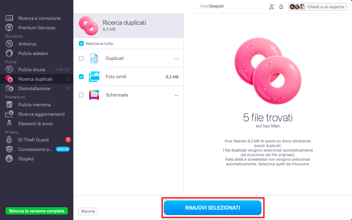 Eliminare i file duplicati facendo clic sul pulsante Rimuovi selezionati nella funzione Ricerca duplicati.