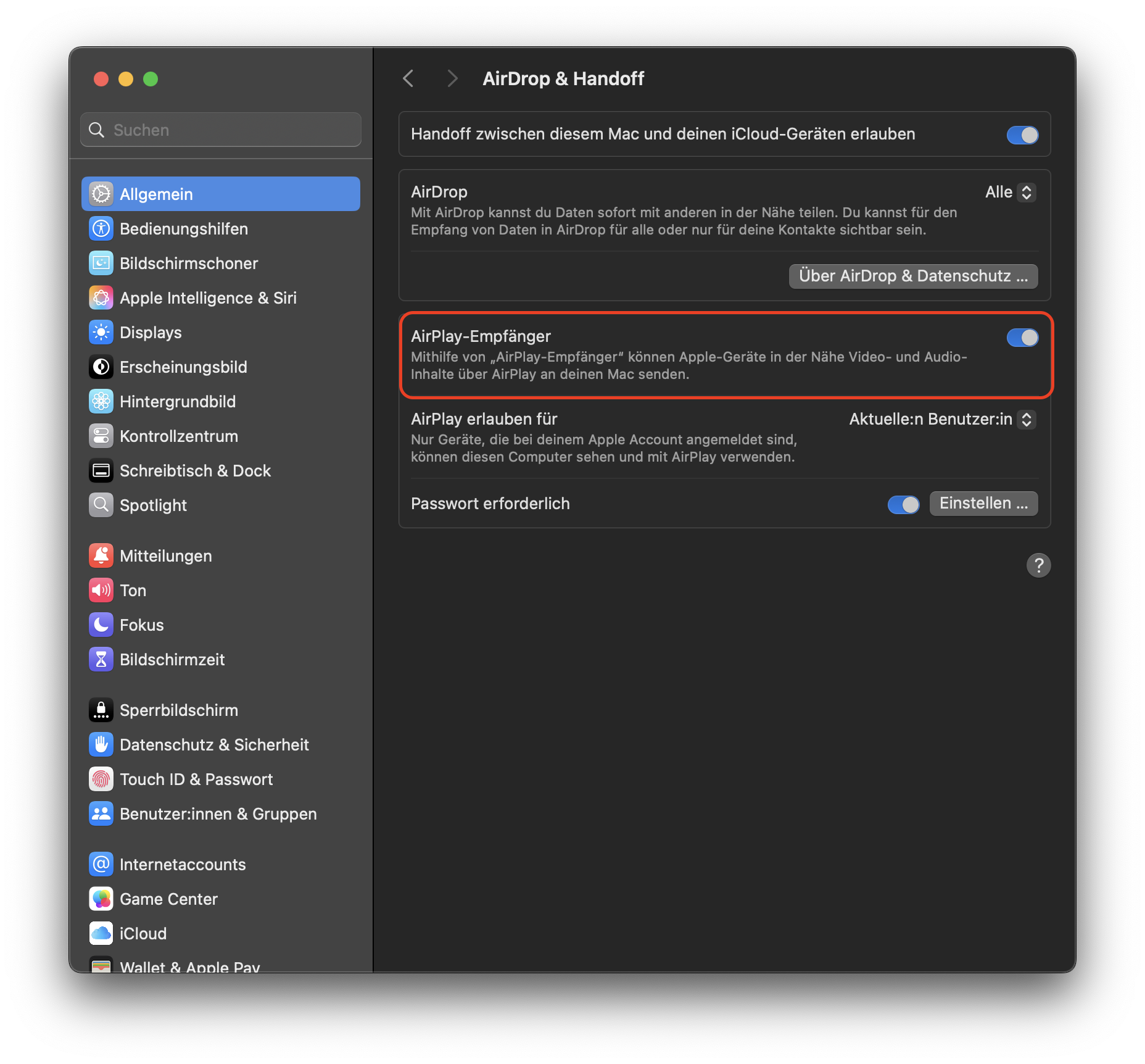 Das Deaktivieren von AirPlay kann hilfreich sein, wenn Sie das Rätsel lösen möchten, warum Ihr Mac-Bildschirm beobachtet wird. Deaktivieren Sie dazu die Option AirPlay-Empfänger in den Einstellungen für AirDrop und Handoff.