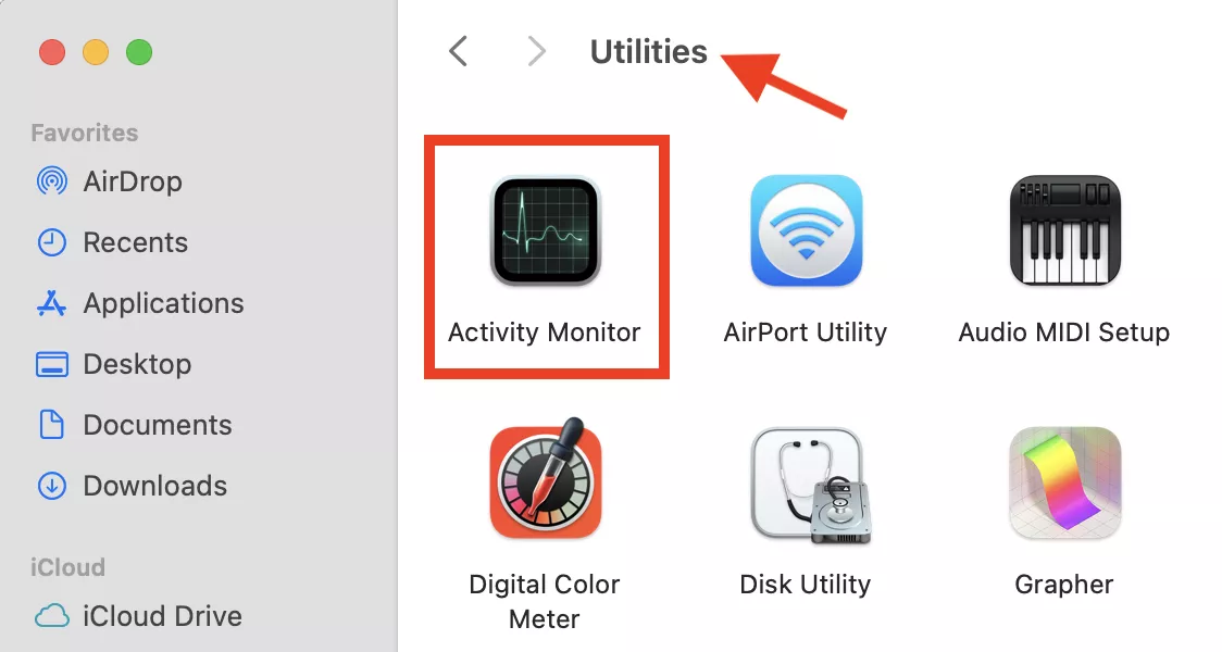 To find malware on your Mac with Activity Monitor, first go to Finder, then select the Activity Monitor option.