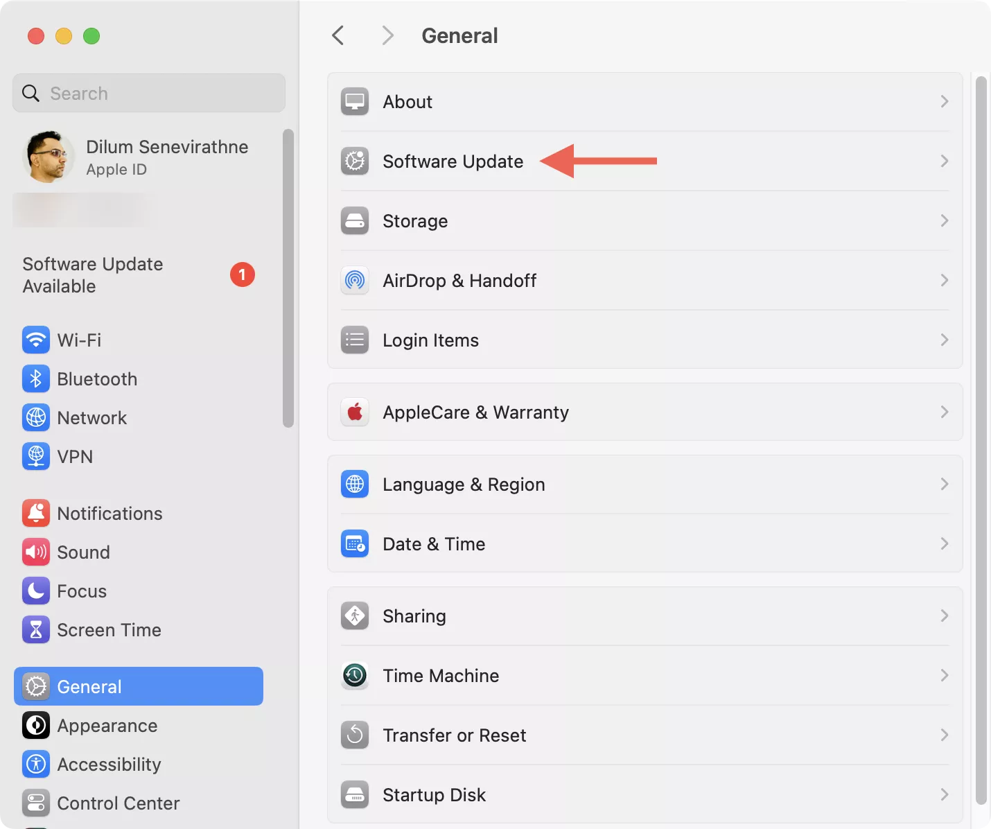 The System Settings app screenshot that demonstrates how to check for macOS updates via System Settings on a Mac during WindowServer high memory usage troubleshooting.