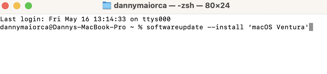 You then need to enter softwareupdate --install ‘[insert macOS version here]’ in Terminal. Replace the macOS version with the one you want to download, such as install 'macOS Ventura'.