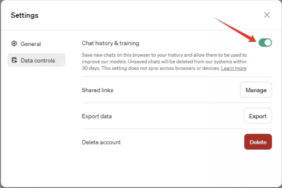 You can only turn off chat history with a paid ChatGPT subscription but it's very easy to do. Just head to the app Settings, click on Data Controls and toggle the on switch next to Chat History & Training.