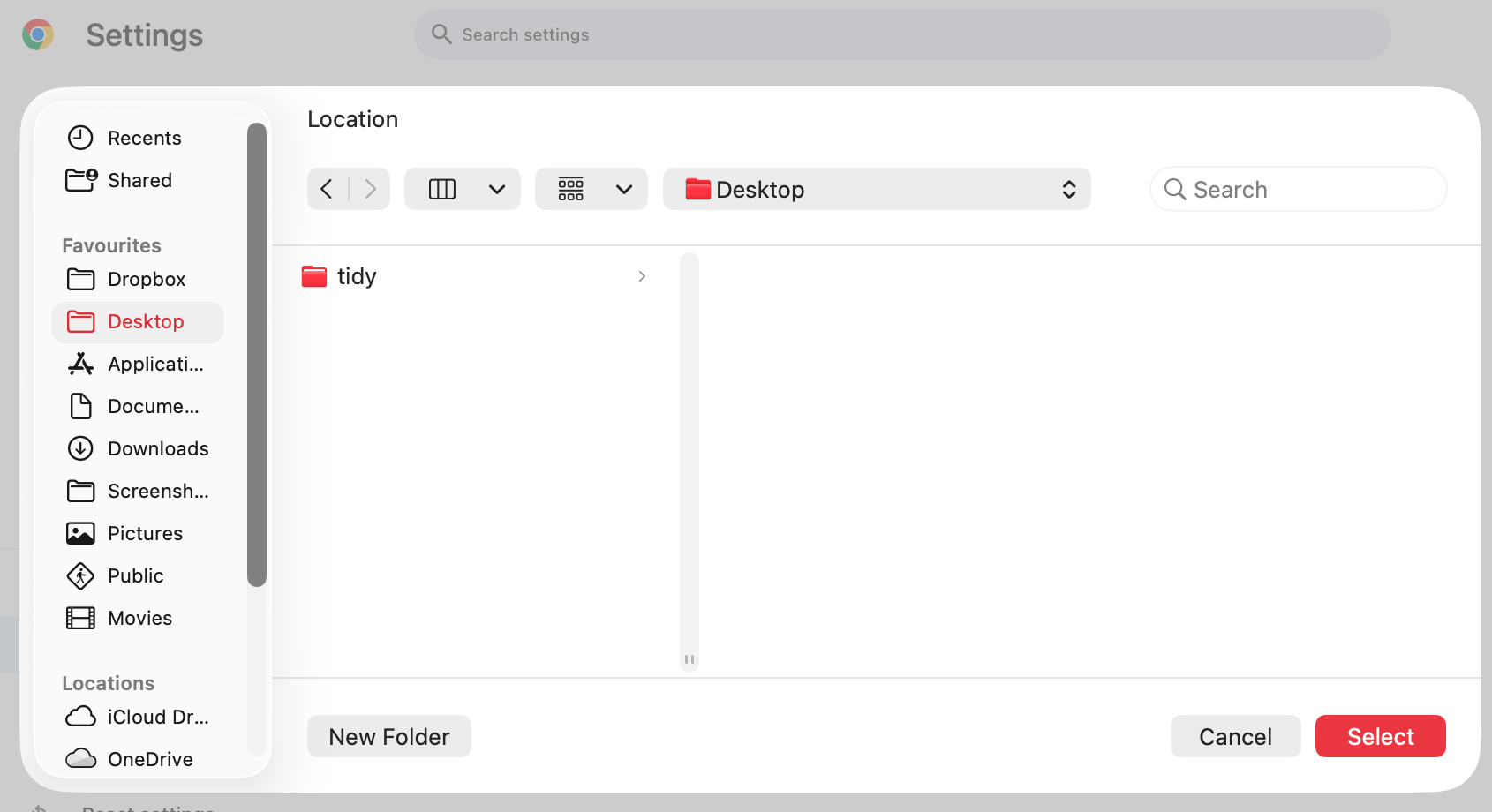 You can now use Finder to choose where you want Chrome to automatically download files to. Choose wherever you want, then click the 'Select' button.