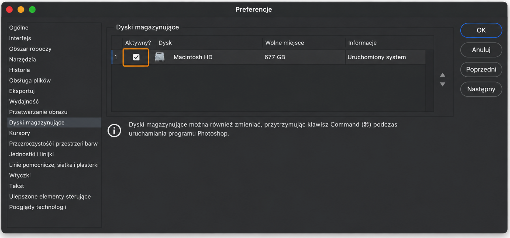 Menu Dyski magazynujące w Photoshopie na Macu. Zaznacz teraz swój zewnętrzny dysk i odznacz dysk wewnętrzny. Kliknij OK.