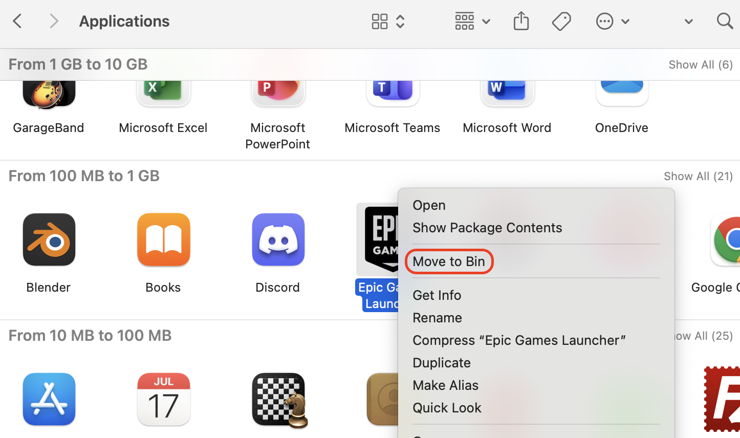 Open Finder, navigate to Applications, select the app you want to remove, and choose Move to Bin to start uninstalling it.