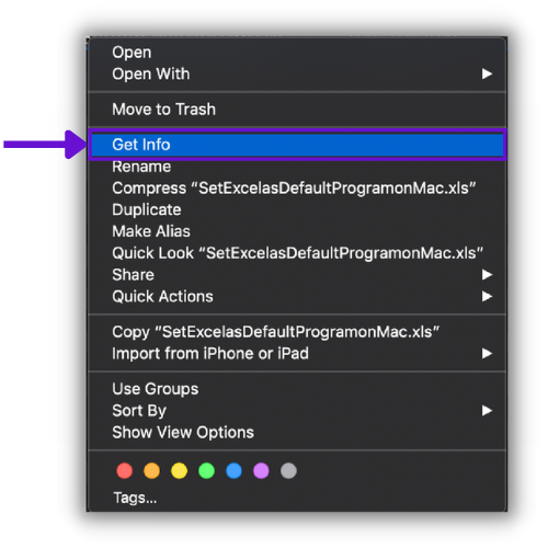 Start making Excel your default app on Mac via Finder by right-clicking on your Excel file in Finder, then choosing the Get Info option from the menu.