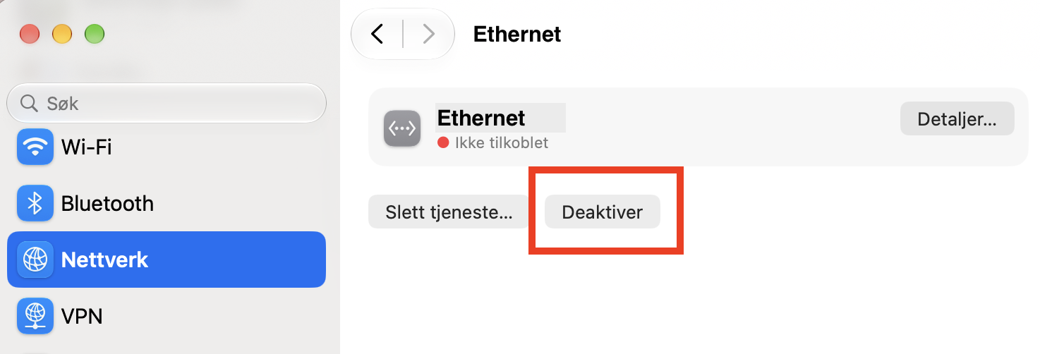Å slå av Ethernet er like enkelt som å klikke på Deaktiver»-knappen. For å reversere prosessen klikker du bare på knappen igjen, så kobler Ethernet til automatisk.