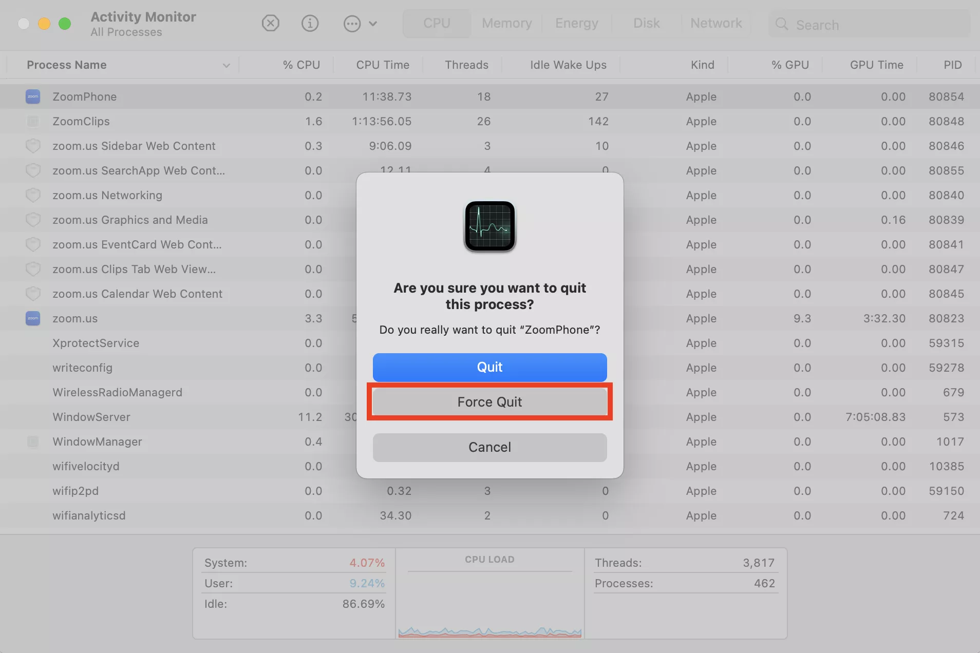 The final step in the malware checking process on your Mac is to select the process you don’t trust and click Force Quit to get rid of it quickly.