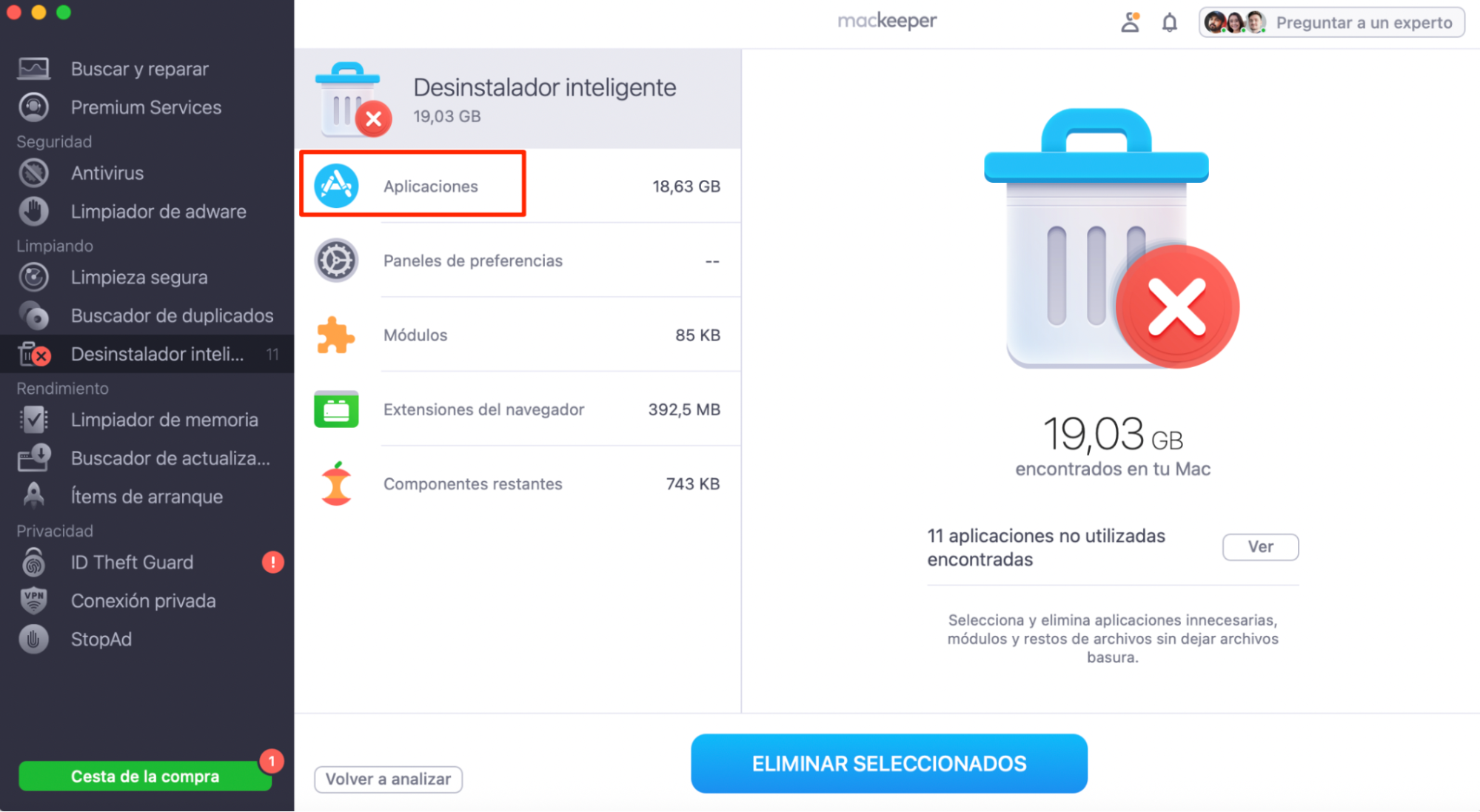 El Desinstalador inteligente de MacKeeper, después de ejecutar un escaneo. Aplicaciones está resaltado. Cómo quitar aplicaciones, como parte de cómo eliminar las ventanas emergentes falsas de McAfee en Mac.