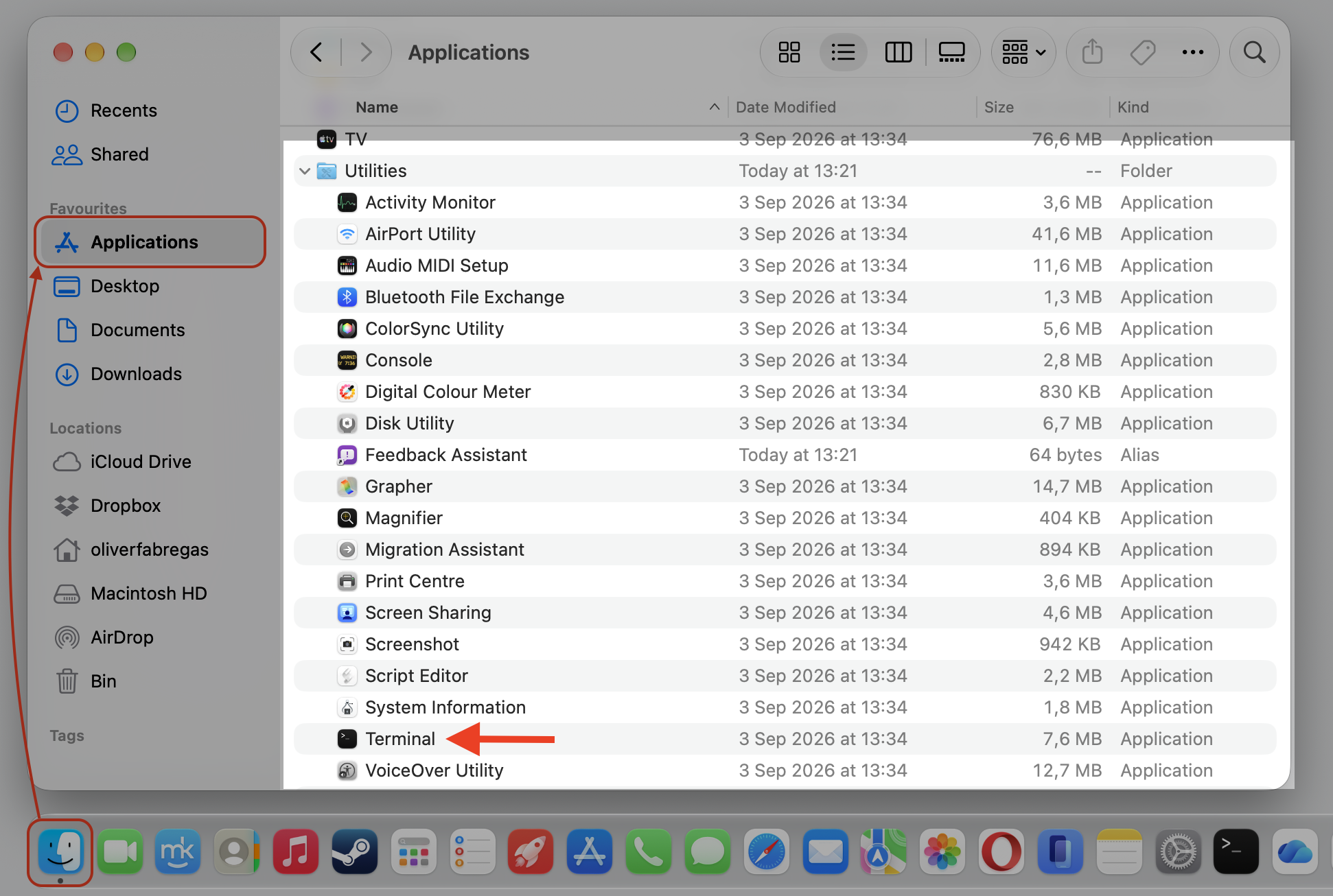 Finder Applications Utilities folder on macOS with Terminal highlighted, the first step to clear the quarantine flag on the damaged OneDrive.