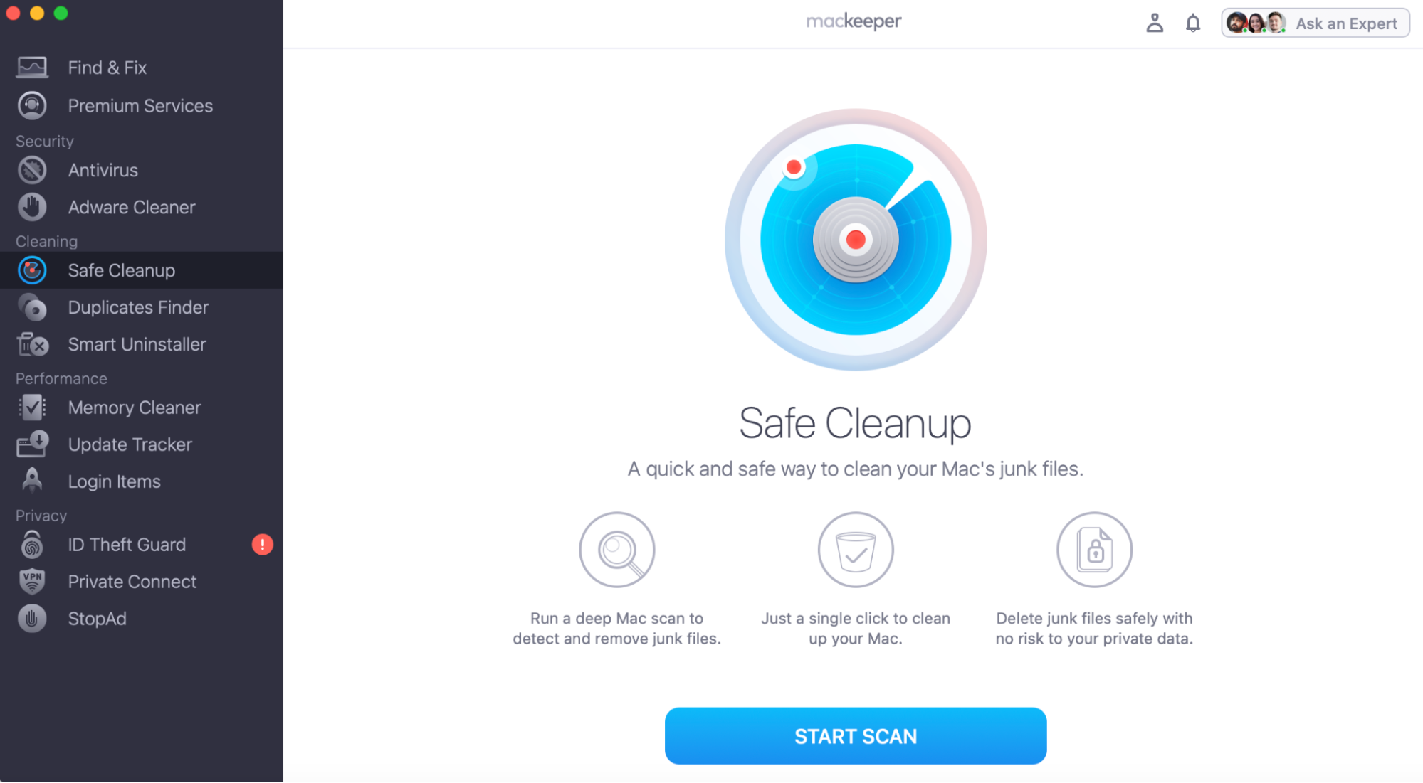 To use MacKeeper's Safe Cleanup to free up your Mac disk, first you'll need to download the app. Once it's been installed, you can click on the Safe Cleanup features from the left-hand menu. Then press Start Scan.