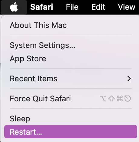 Sometimes a simple system reboot is all it takes to force demanding apps and processes to stop and reopen with fewer issues. To do this, click on the Apple Icon and press Restart.