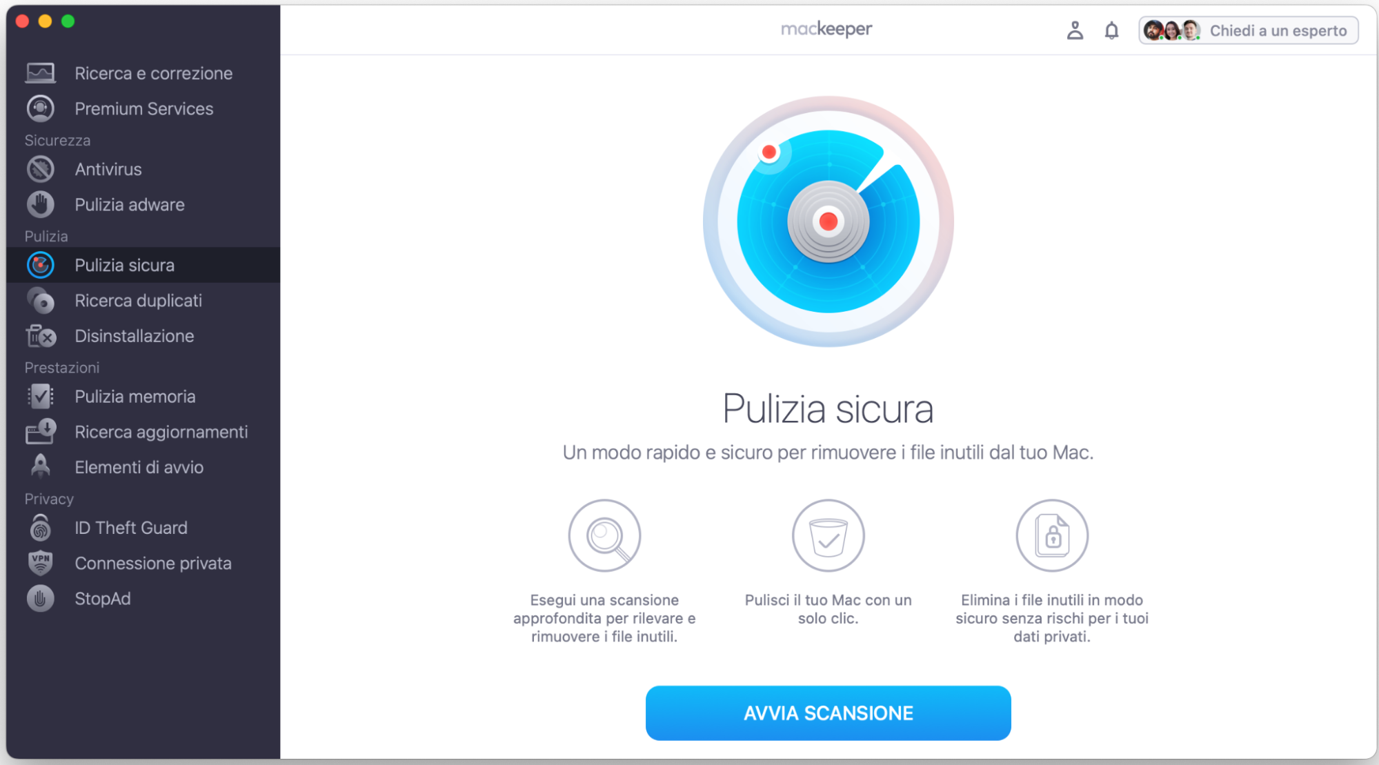 Apri MacKeeper, poi seleziona Pulizia Sicura dalla barra laterale. Successivamente, fai clic su Avvia scansione e attendi che lo strumento completi il processo di analisi.