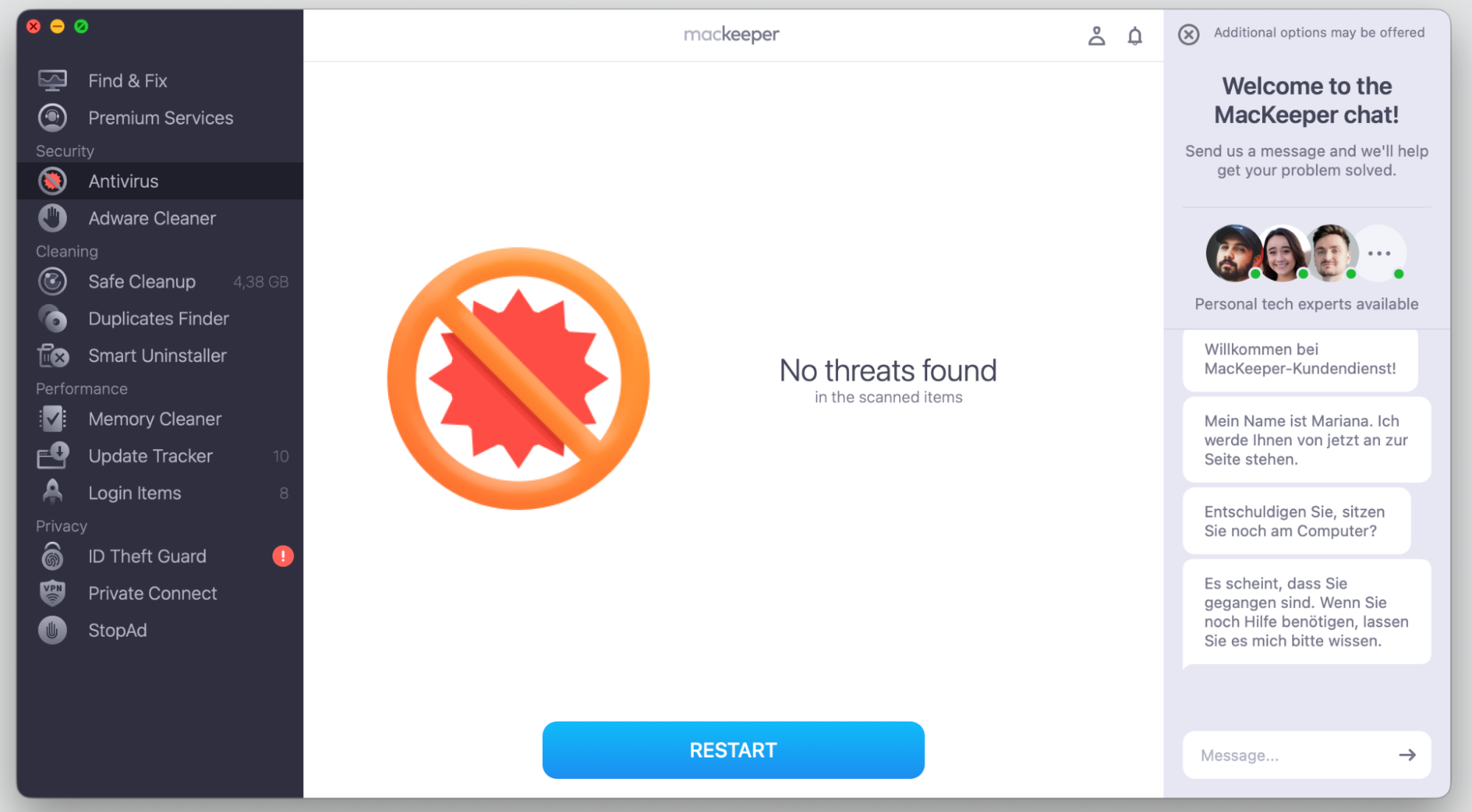 MacKeeper's Antivirus on a macOS device showing No threats found, with the Restart button highlighted to reboot after the scan completes.