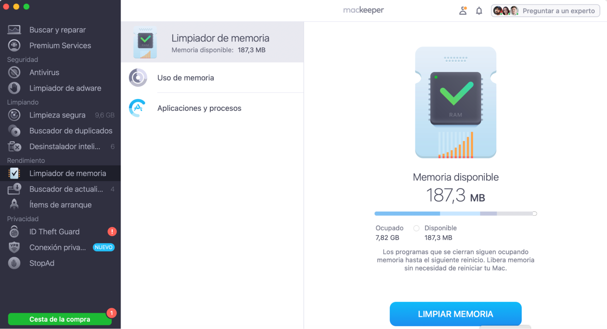 Comprueba la sección Uso de memoria y haz clic en Limpiar memoria. En la sección Aplicaciones y procesos, selecciona los procesos inútiles y deténlos.