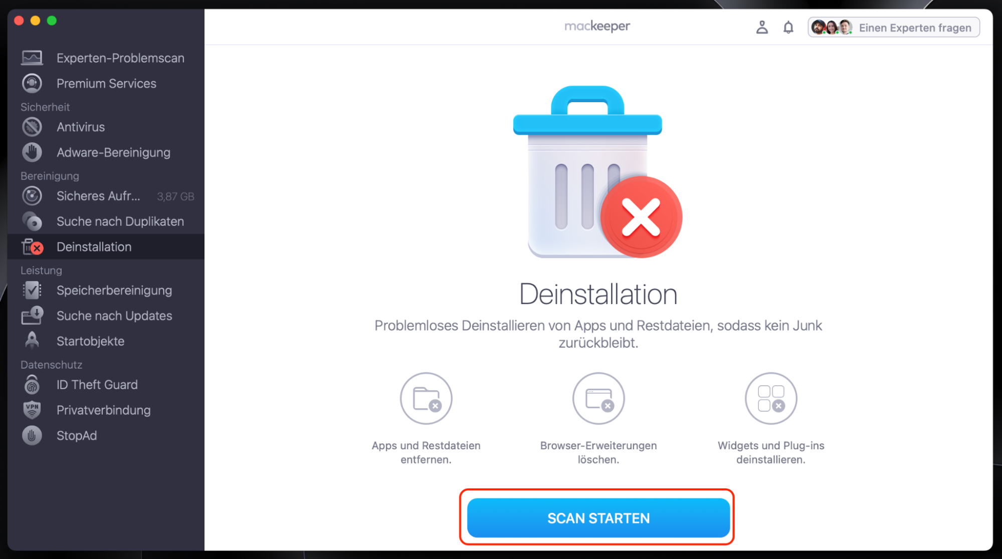 MacKeeper auf dem Mac zeigt das Dienstprogramm Deinstallation an. Klicken Sie auf Scan starten, um alle Apps auf Ihrem Computer zu finden. MacKeeper auf dem Mac zeigt das Dienstprogramm Deinstallation an. Klicken Sie auf Scan starten, um alle Apps auf Ihrem Computer zu finden.