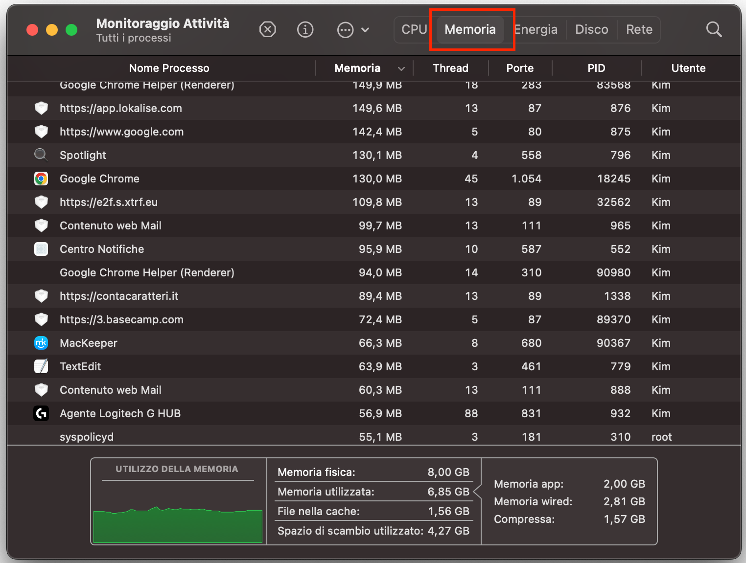 Seleziona la scheda CPU per controllare quante risorse di elaborazione utilizza ciascuna app