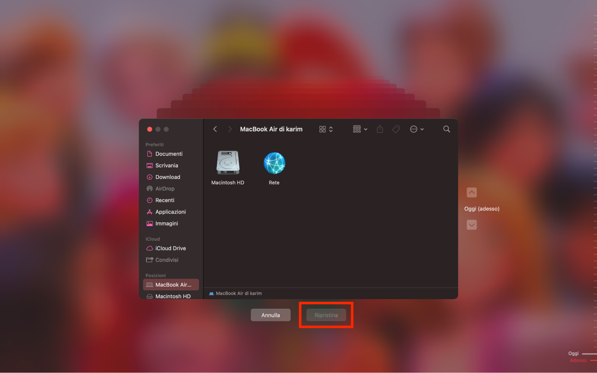 Infine, per procedere con il processo di ripristino dei file su MacBook, scegli il file necessario sul tuo dispositivo e usa l’opzione Ripristina al centro in basso dello schermo.
