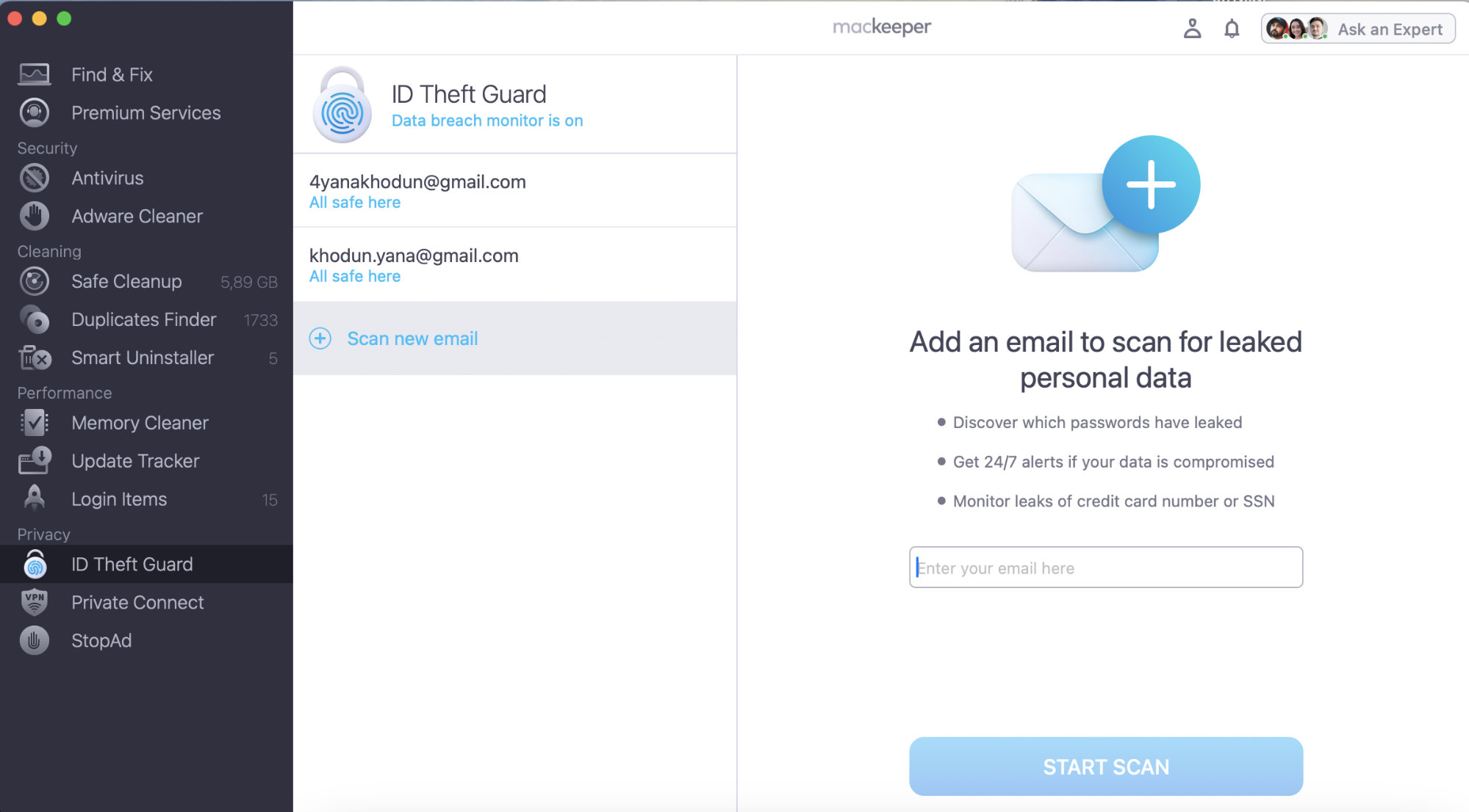 To protect yourself from data breaches, launch MacKeeper and select ID Theft Guard, then click Scan new email.