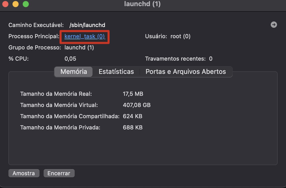 Finalize a inspeção selecionando a opção Processo Principal, que abrirá uma janela separada dedicada aos detalhes do processo