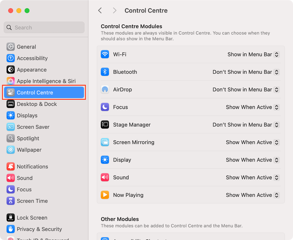 To set up your Mac’s menu bar to hide automatically, go to System Settings, then choose Control Center from the sidebar.