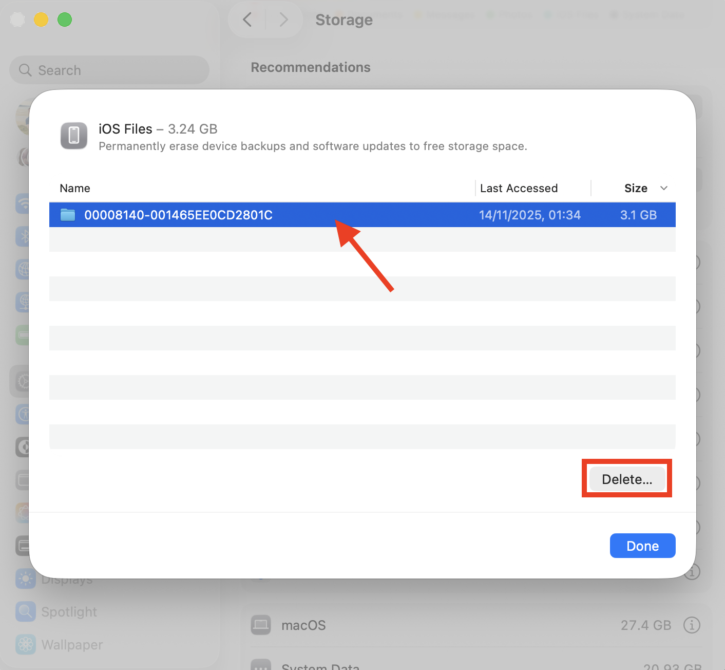 A list of iOS files within the Storage settings on Mac. You can select a backup folder and delete it when you find iOS files are taking up too much space on your Mac.