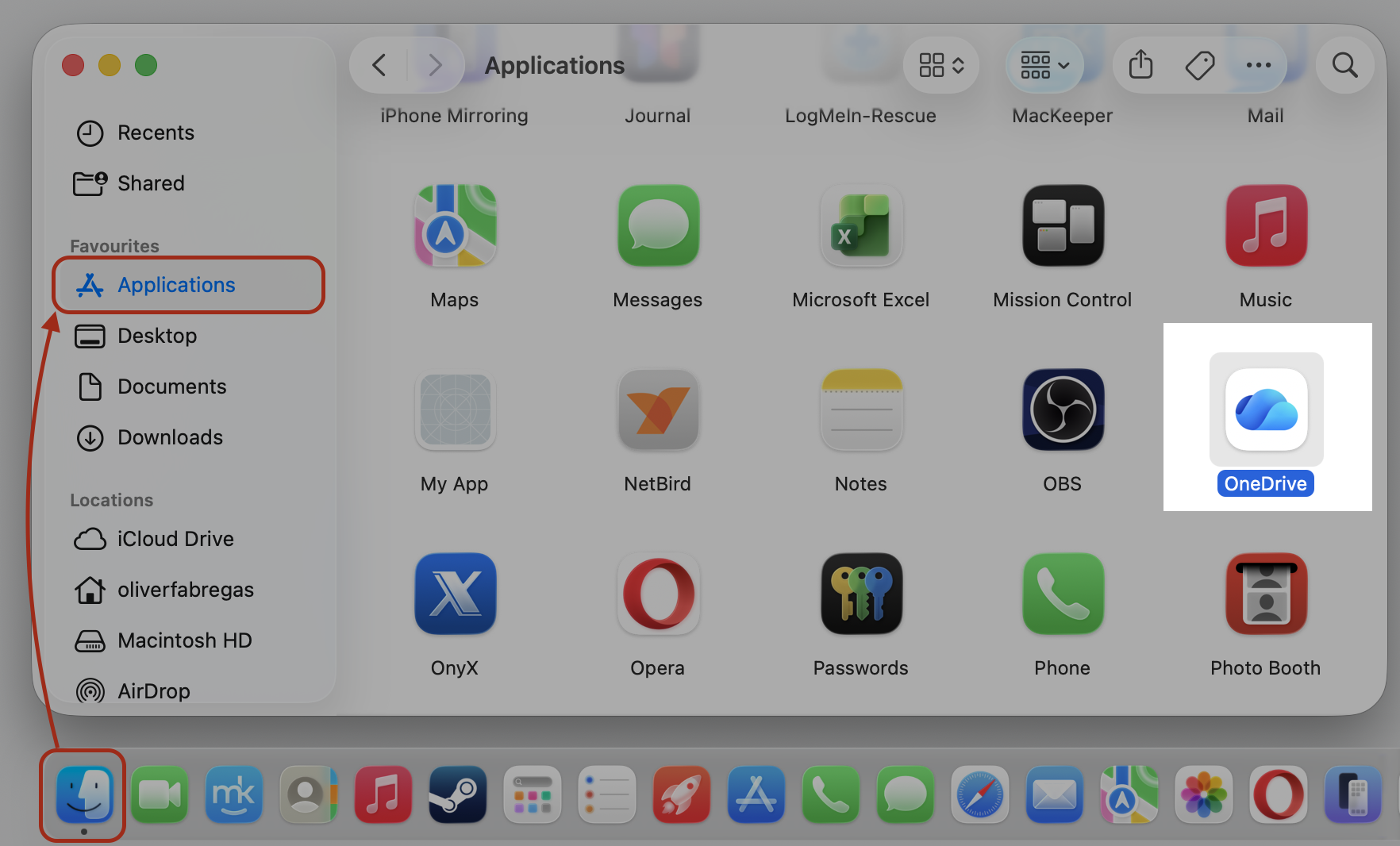 Finder Applications folder on macOS with the OneDrive app selected, the first step to reinstall OneDrive on your Apple computer.