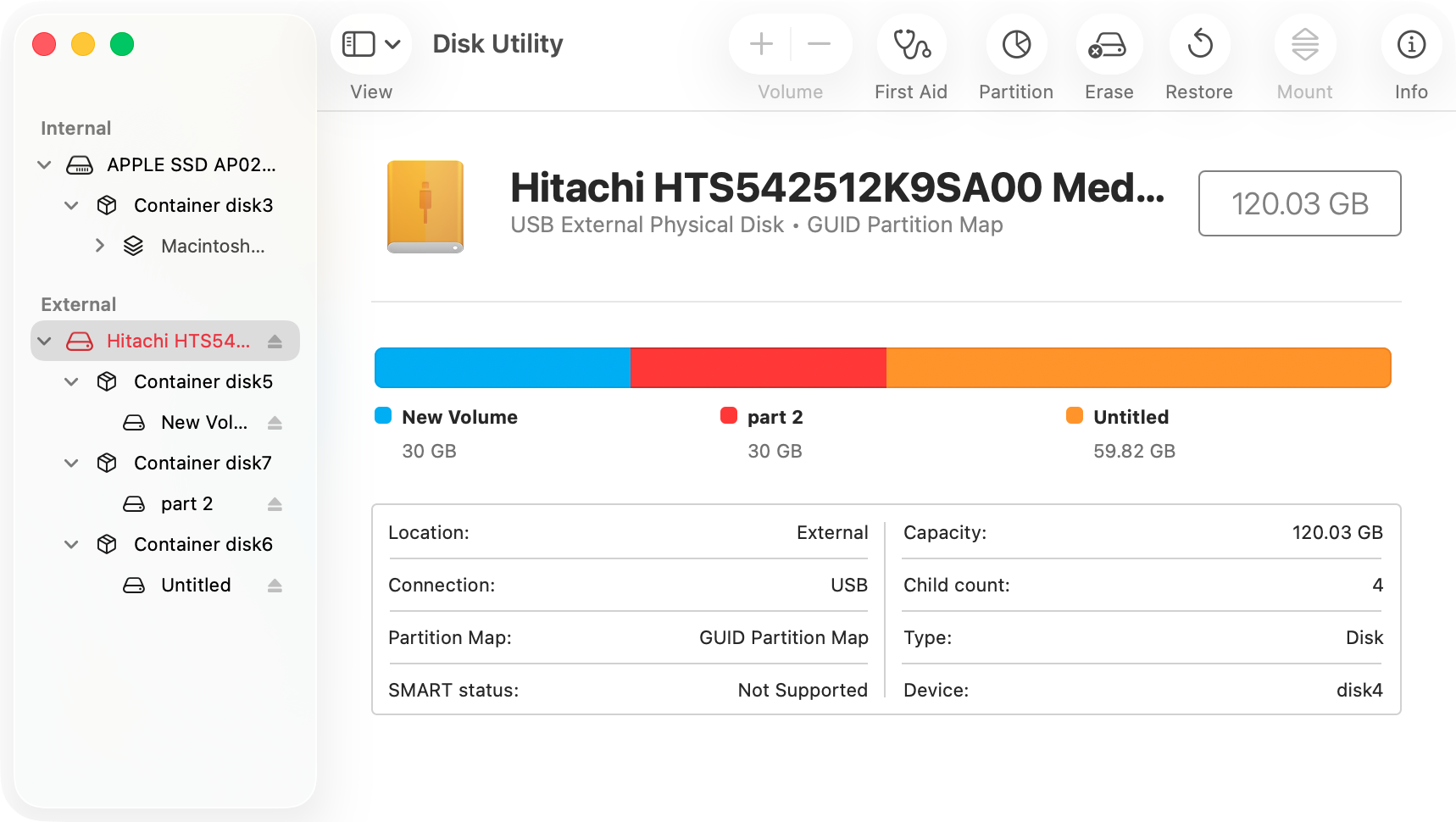 Now you can see not only the physical disks but all the volumes and partitions within them. Select the volume you want to erase, and then click 'Erase'.