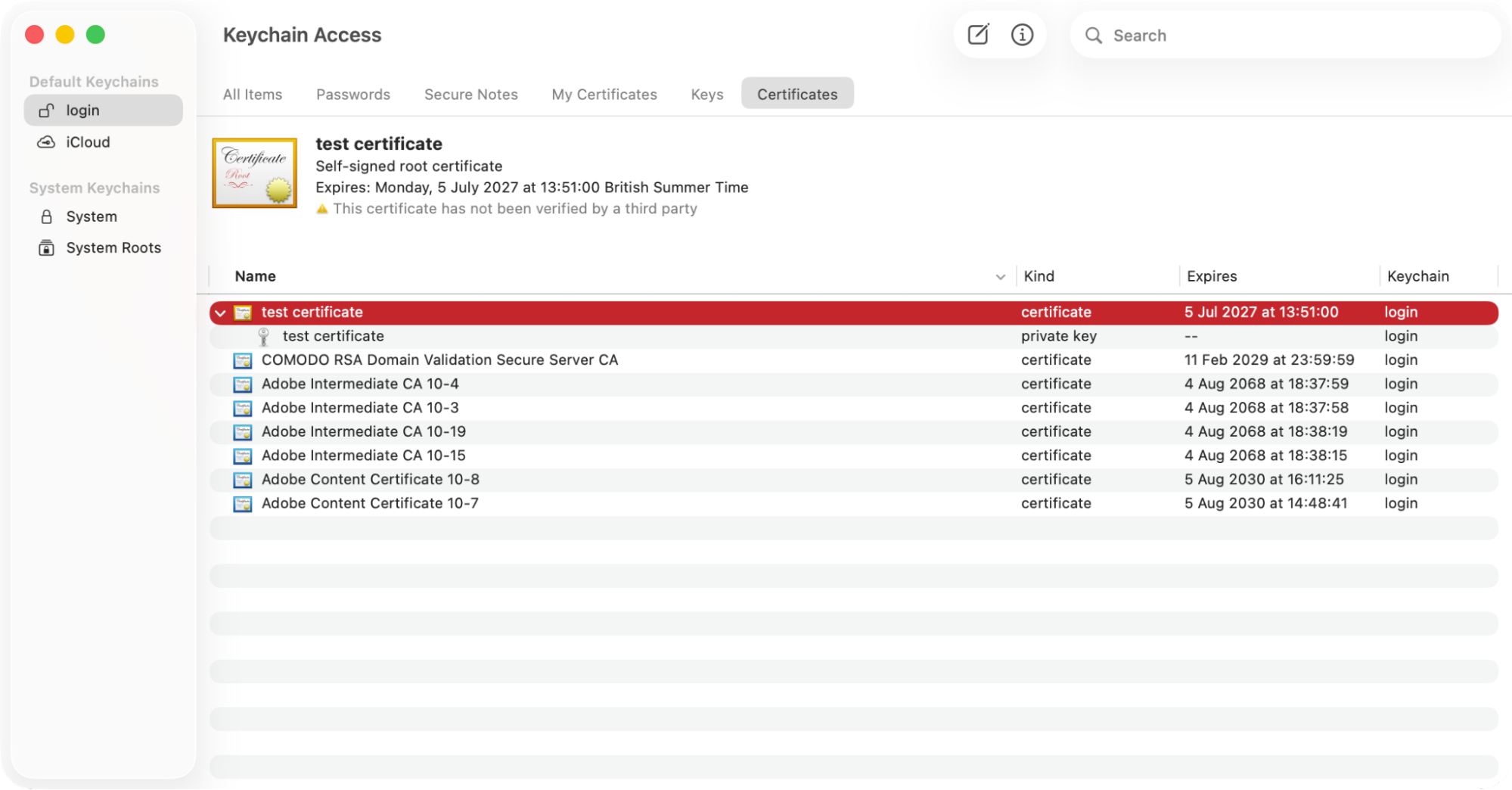 If you need to manually add a certificate to your Mac's keychain, you can. Open the Keychain Access tool, then drag and drop your certificate into the main window.