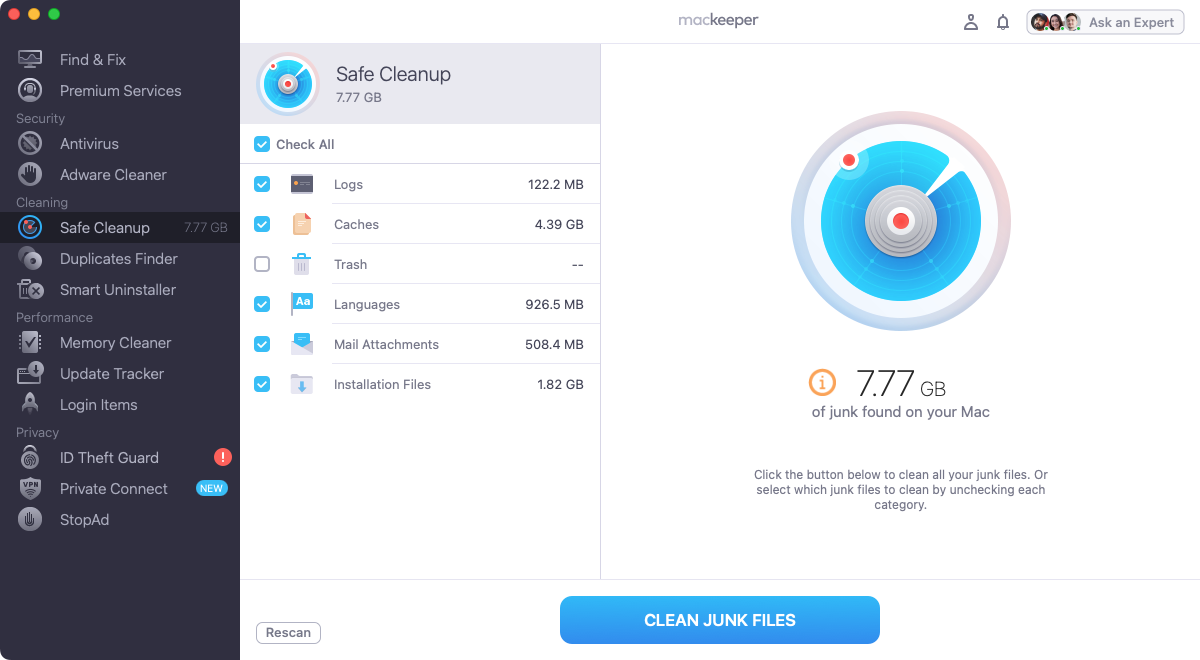 When MacKeeper's Safe Cleanup tool has scanned your Mac, look through the results, and select anything that you want to delete. Click the 'Clean Junk Files' button. When MacKeeper's Safe Cleanup tool has scanned your Mac, look through the results, and select anything that you want to delete. Click the 'Clean Junk Files' button.