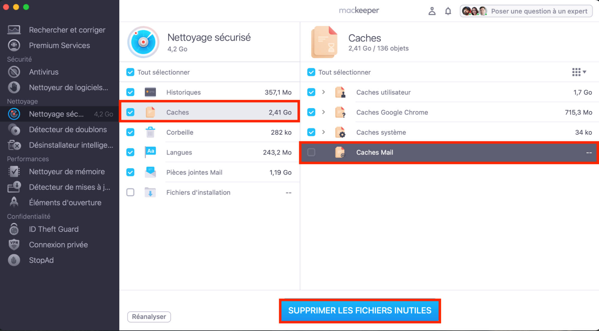 Le Nettoyage sécurisé de MacKeeper après une analyse. L’onglet Caches Mail est mis en évidence, ainsi que le bouton Supprimer les fichiers inutiles. Comment vider les caches mail sur Mac avec un nettoyeur.