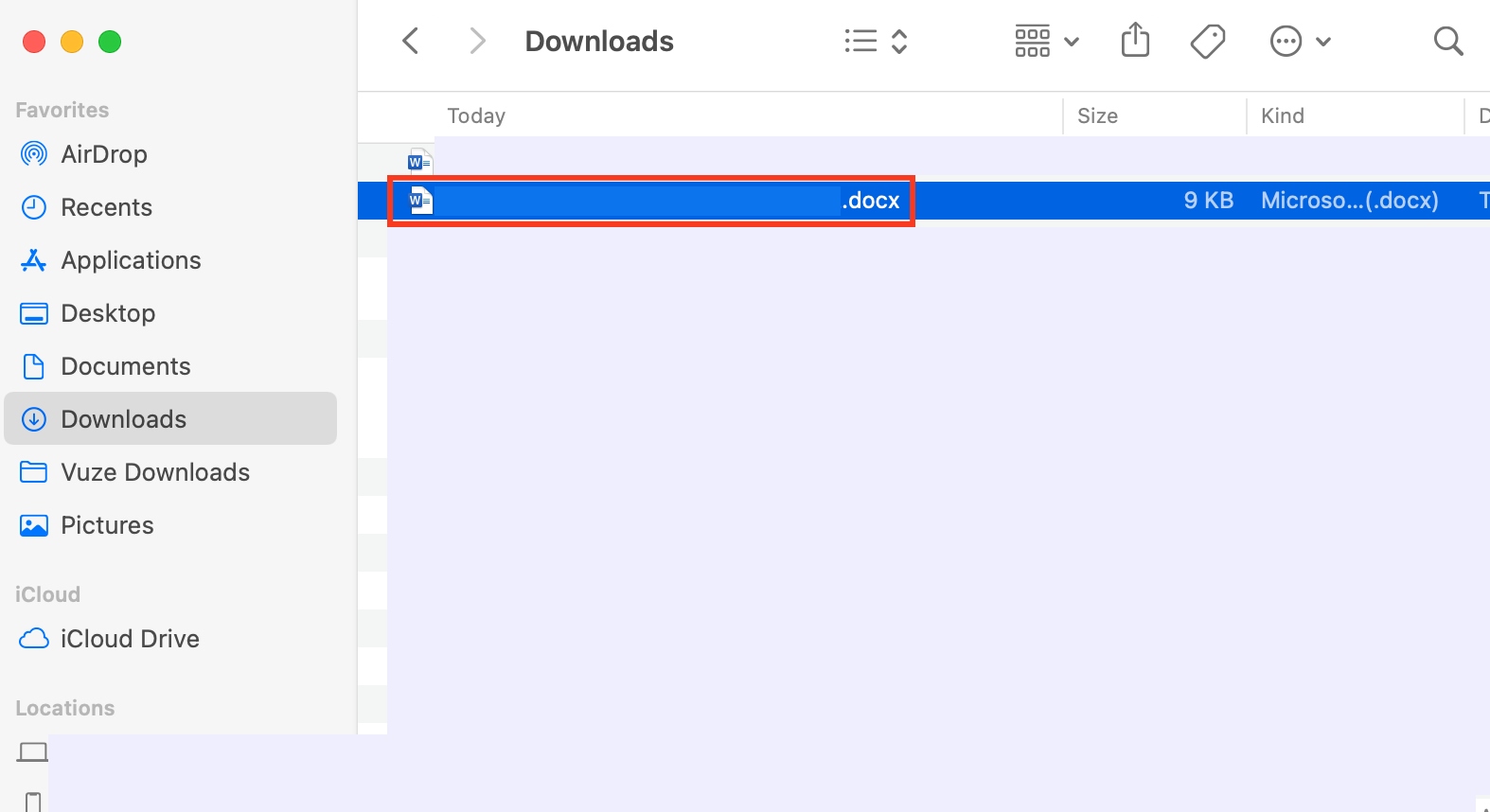 The user has located their Word document in Finder. Make sure you find yours first to use keyboard shortcuts or right-click on Duplicate.