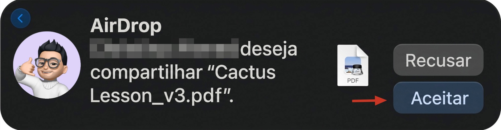 A notificação do AirDrop no Mac mostra as opções Aceitar e Recusar. Para migrar dados de um Mac para outro usando o AirDrop, clique em Aceitar para permitir a transferência do arquivo.