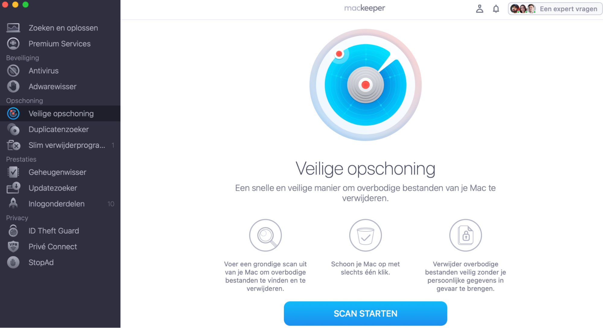 MacKeeper op de Mac toont het hulpmiddel Veilige opschoning. Klik op ‘Start scan’ om alle tijdelijke bestanden en verborgen rommel te vinden.