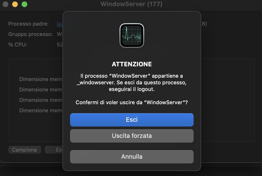 Ora puoi scegliere se uscire o forzare l'uscita da WindowServer. Fai una scelta e il processo WindowServer verrà chiuso.