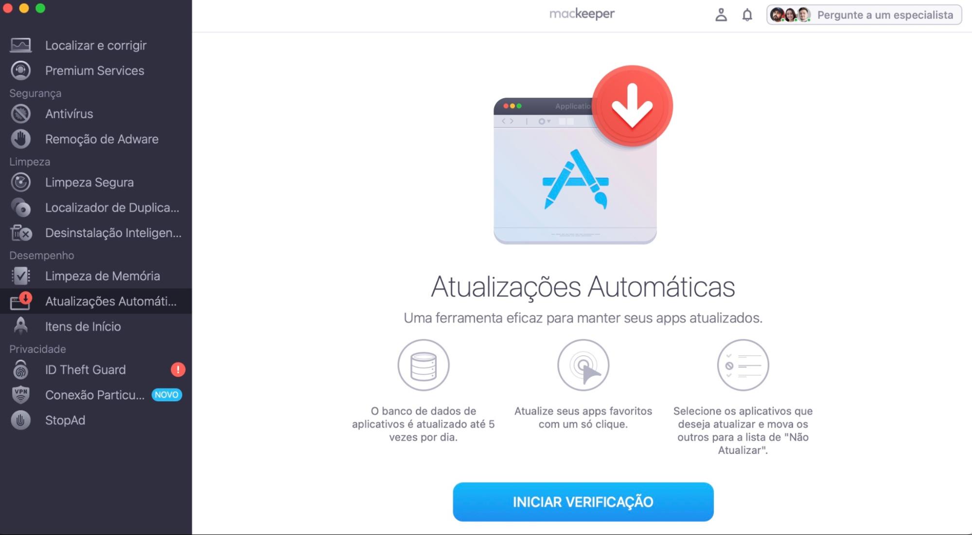 Para verificar quais aplicativos precisam ser atualizados, abra o MacKeeper, selecione Atualizações Automáticas no menu à esquerda e clique em Iniciar Verificação.