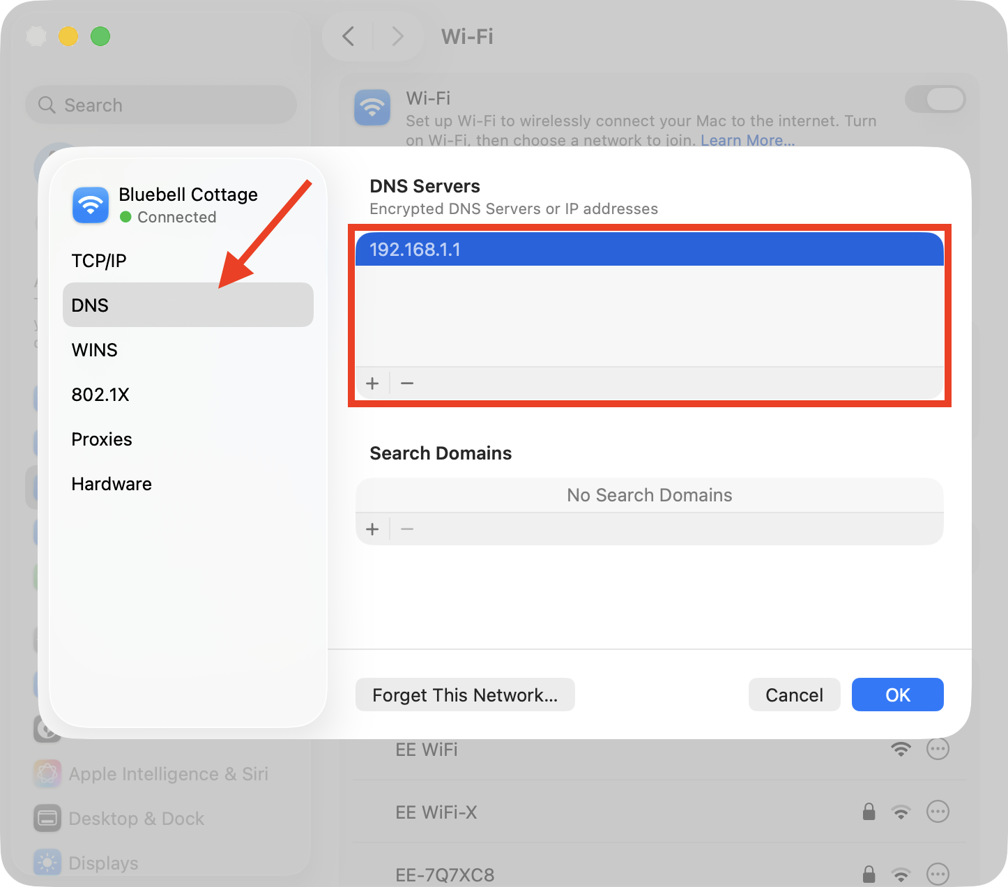 The DNS settings inside System Settings > Network on Mac. Remove any custom DNS servers to solve NSURLErrorDomain error -1012 issues.