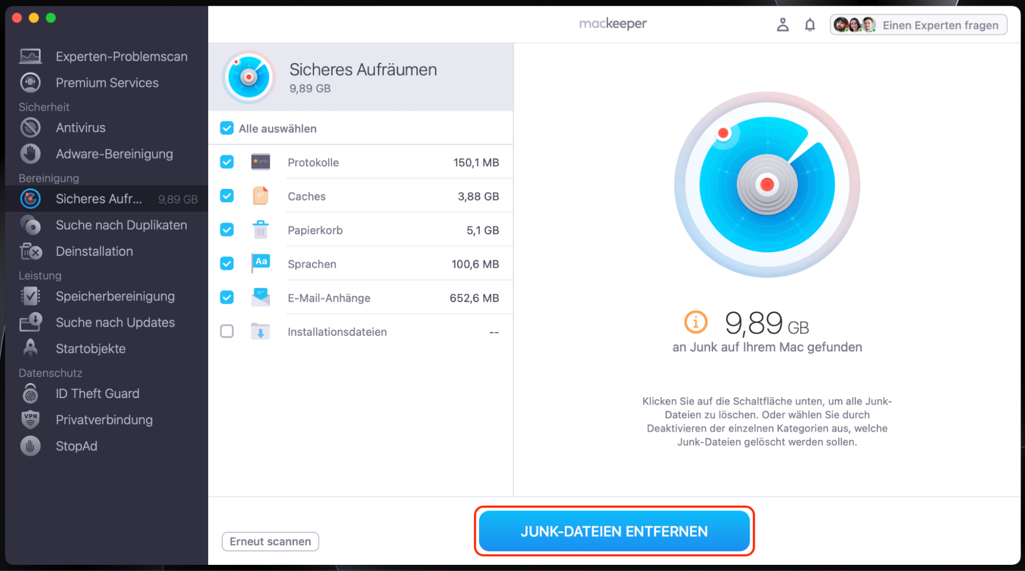 Das Bild zeigt die Ergebnisse des MacKeeper-Tools Sicheres Aufräumen auf einem Mac-Gerät. Es bereitet Ihren Computer auf einen reibungslosen Videobearbeitungsprozess vor. Das Bild zeigt die Ergebnisse des MacKeeper-Tools Sicheres Aufräumen auf einem Mac-Gerät. Es bereitet Ihren Computer auf einen reibungslosen Videobearbeitungsprozess vor.