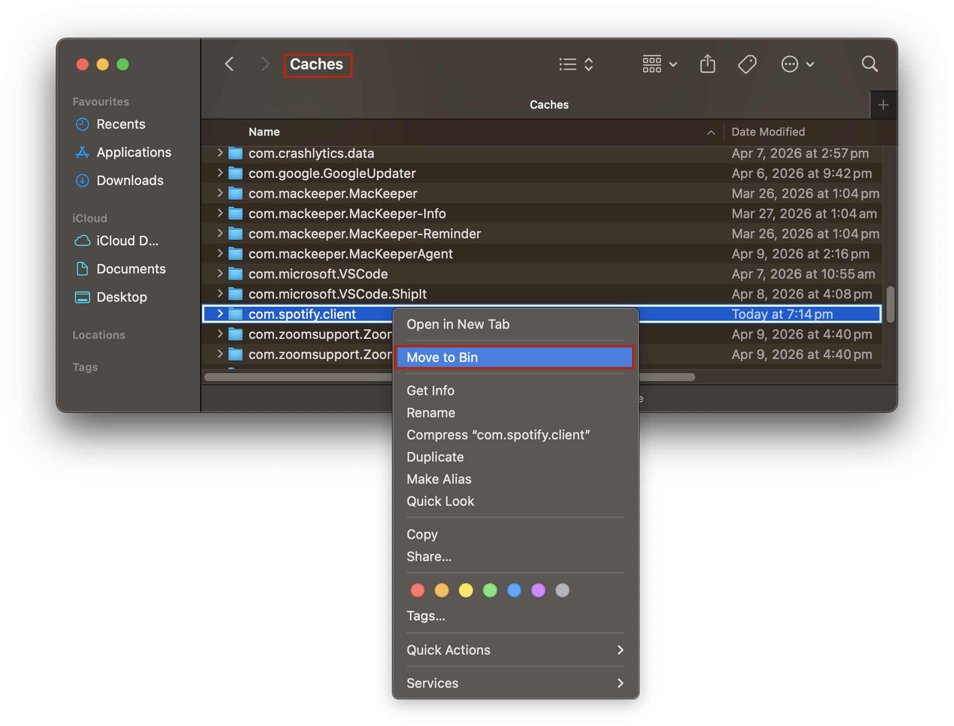 Library Caches folder in Finder on macOS with a right-click menu on com.spotify.client showing Move to Bin to delete leftover cache files.
