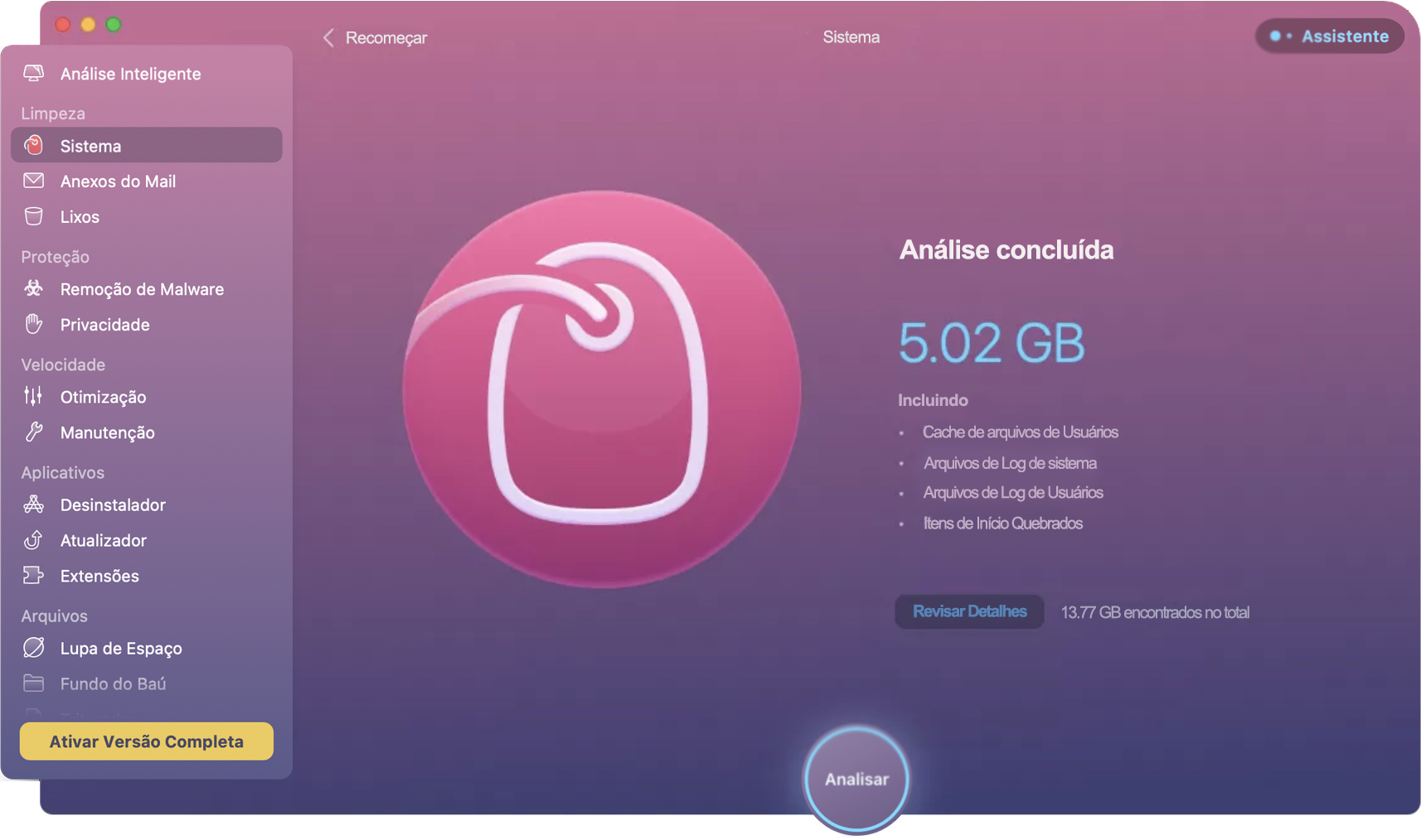 Uma verificação semelhante é exibida no CleanMyMac por meio do recurso Limpeza do Sistema, que identifica arquivos de cache, logs do sistema e outros arquivos desnecessários que podem ser removidos para liberar espaço de armazenamento.
