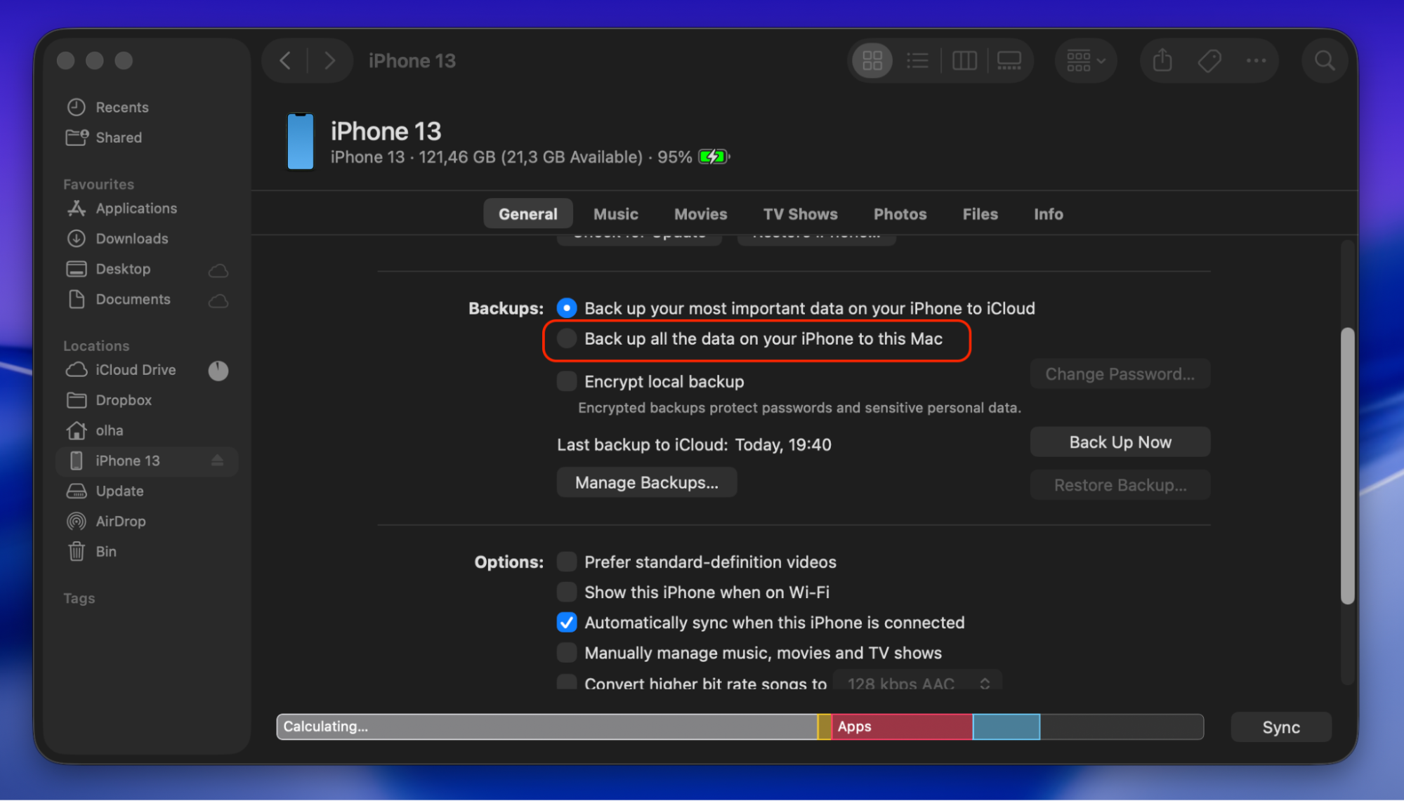 Continue taking iPhone backups on Mac Catalina by selecting the backup option from the two available options. Choose to back up all the data on your iPhone to this Mac to create a local copy of your iPhone, rather than relying solely on iCloud.