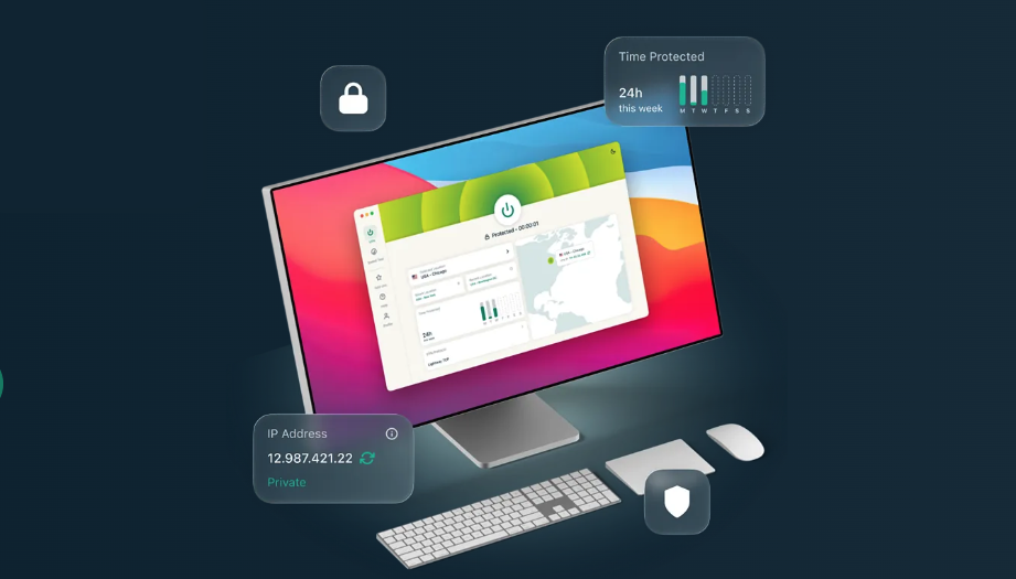 ExpressVPN Mac client running on an iMac, showing the Protected dashboard, IP Address widget, and Time Protected stats for everyday VPN use.