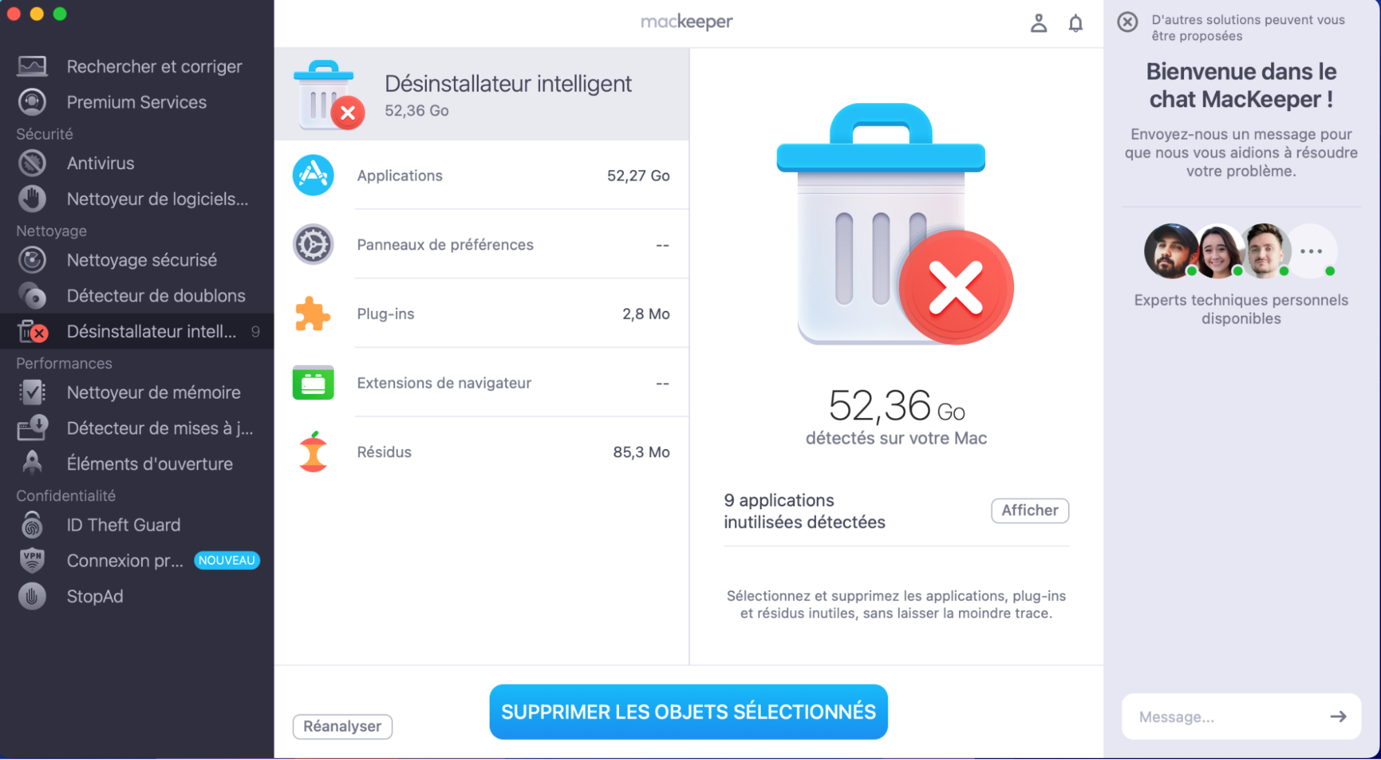 Examinez la liste qui s’affiche. Sélectionnez les applications que vous voulez supprimer de votre Mac et cliquez sur Supprimer les objets sélectionnés.