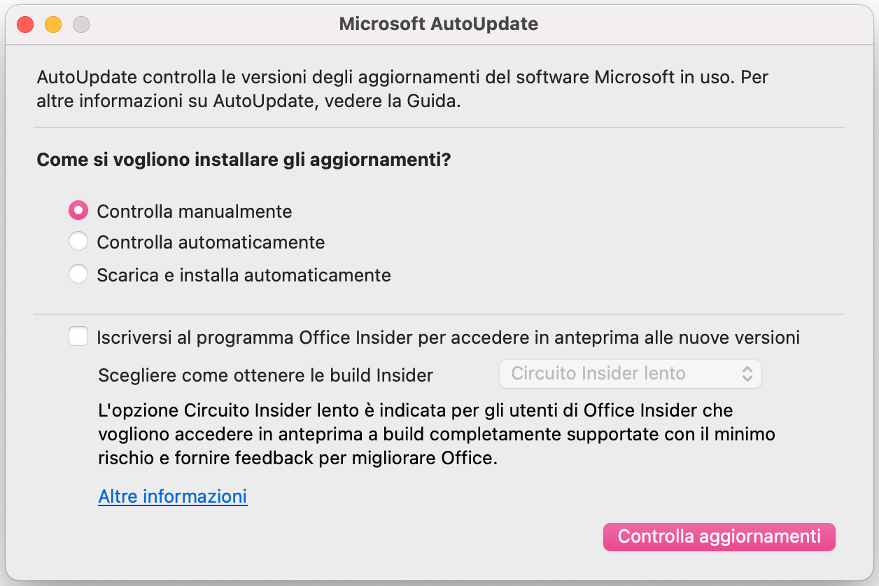 Nella finestra Microsoft AutoUpdate, vedrai un pulsante che dice Controlla aggiornamenti. Cliccalo e l'app cercherà gli aggiornamenti.
