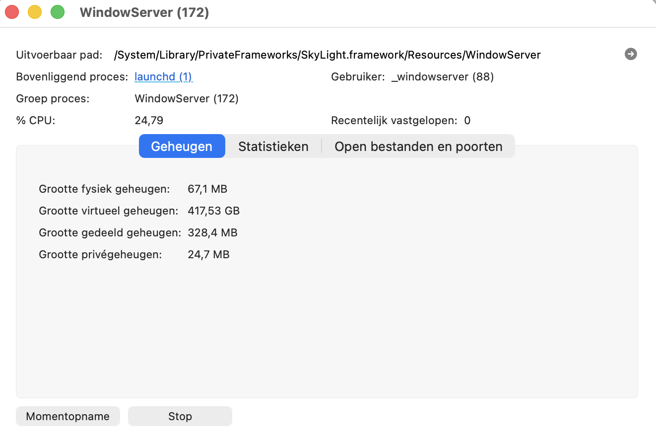 Door dubbel te klikken op het  pboard-proces wordt het venster geopend om dit te stoppen. Klik onderaan dit venster op de knop Stop.